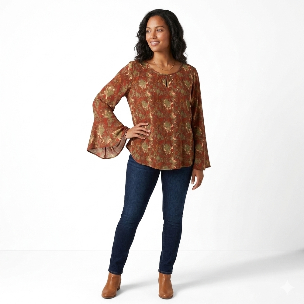Cato Floral Scoop-Neck Pleated,Long Bell Sleeve Top in Rust, Sage & Cream